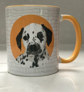 Mug with spot icon of dog on a fracture background with coloured handles