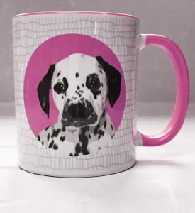 personalised dog mug with dalmatian in pink