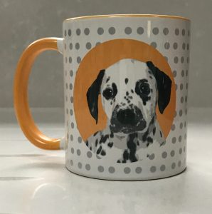 Mug with spot icon of dog on a spotty background with coloured handles
