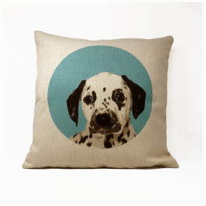 personalised cushion with dalmatian dog portrait on blue background