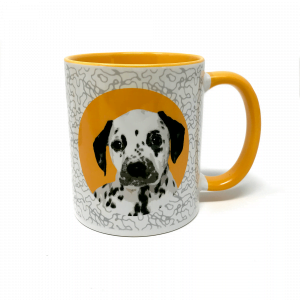 personalised dog mug with dalmatian in yellow