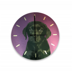wall clock in purple with black labrador