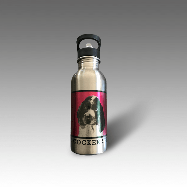 personalised water bottle with dog portrait