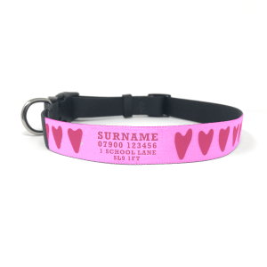 personalised dog collar with pink hearts