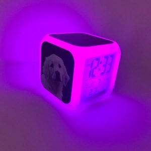 dog digital clock glowing purple