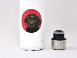 personalised drinks bottle with labrador icon close up
