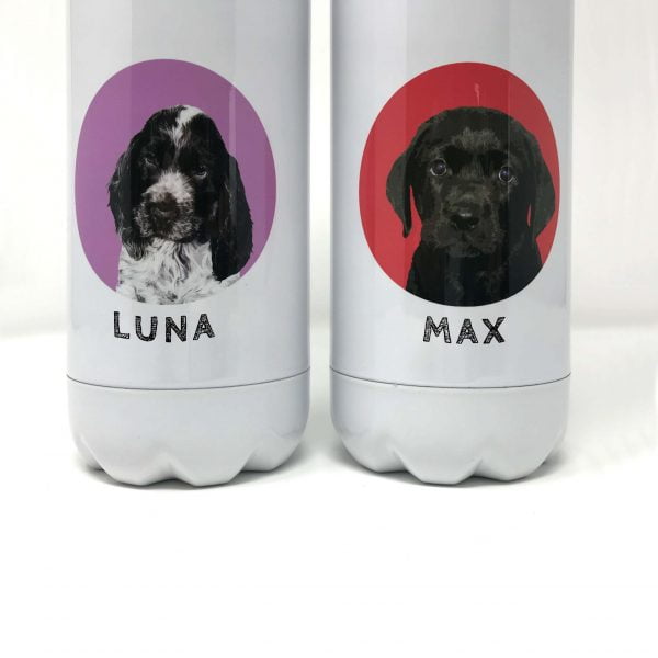 drinks bottle personalised with dog portrait and name