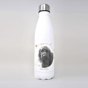 personalised drinks bottle with dog portrait and spotty design