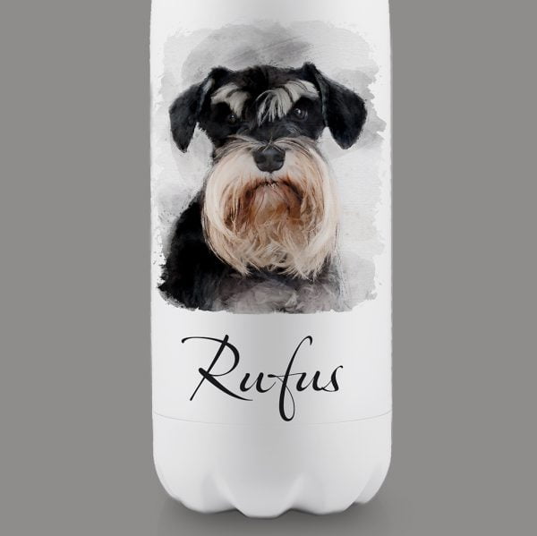 close up of drinks bottle with dog portrait
