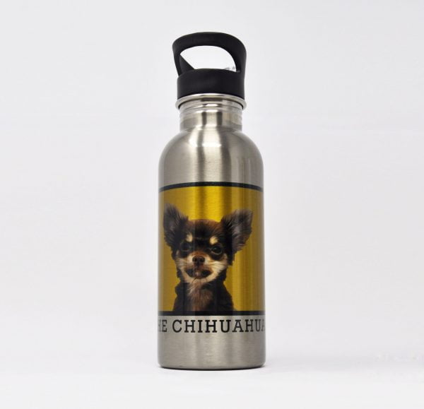personalised water bottle with square dog portrait