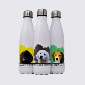 personalised drinks bottle with dog portrait in white
