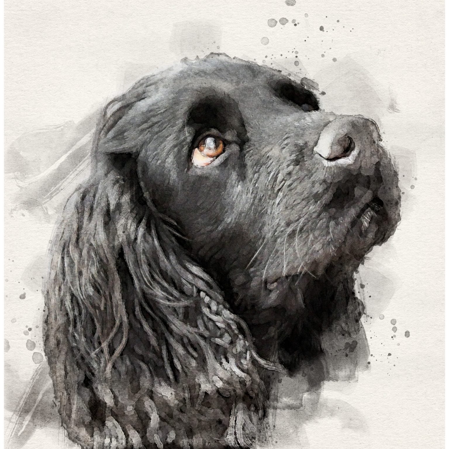 digital watercolour of a black cocker spaniel dog