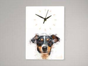 personalised clock with watercolour pet portrait of a jack russell dog