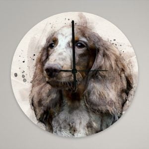 personalised clock with long haired dachshund watercolour portrait