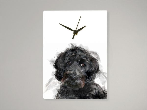 personalised clock with watercolour pet portrait