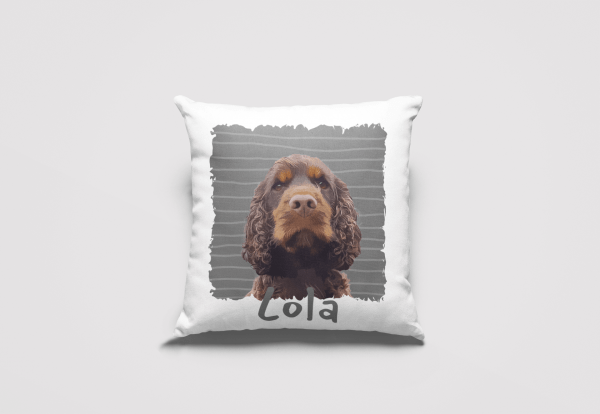 white linen cushion personalised with modern spaniel portrait