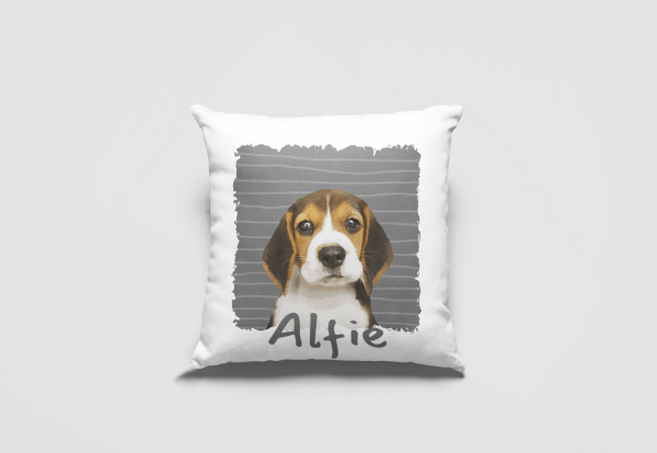 white linen cushion personalised with modern beagle portrait