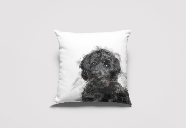 white linen cushion personalised with watercolour cockapoo portrait