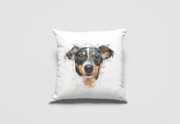 white linen cushion personalised with watercolour jack russell portrait