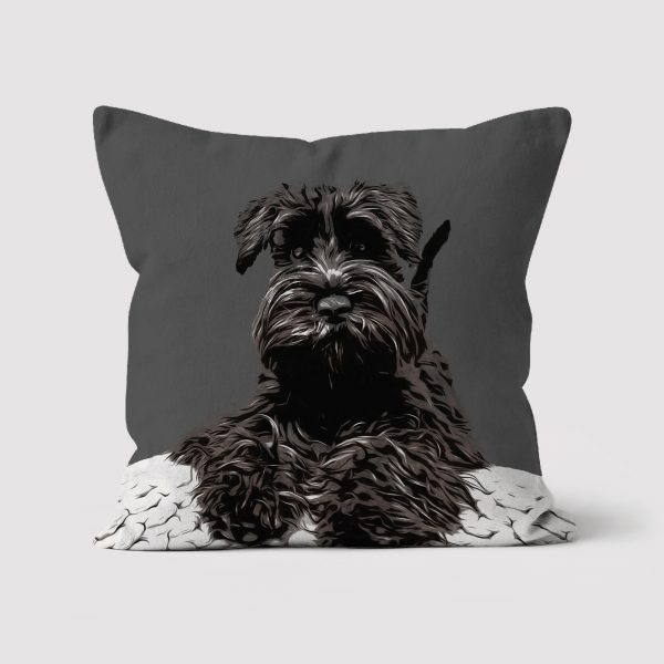 personalised faux suede dog cushion with schnauzer dog portrait