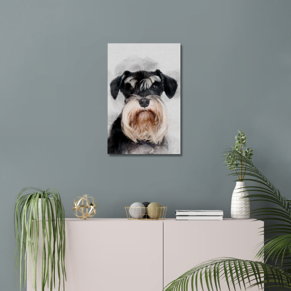 dog portrait of a schnauzer in a watercolour style on canvas