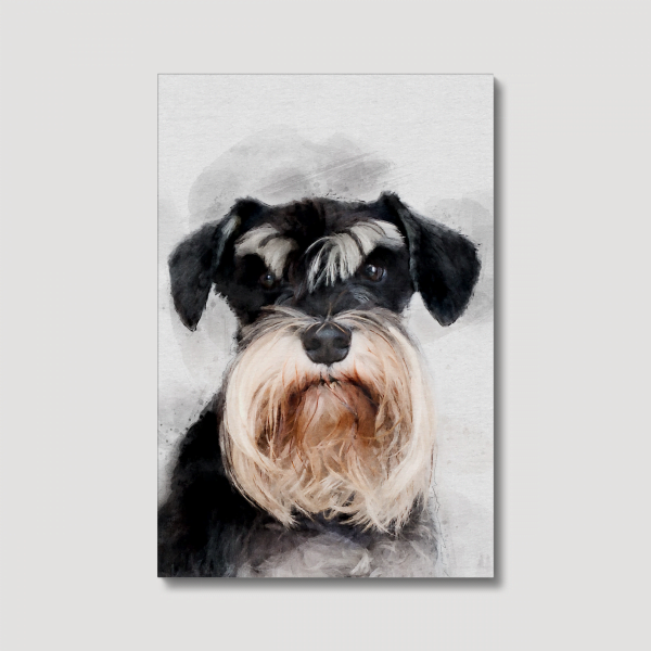 dog portrait of a schnauzer in a watercolour style on canvas