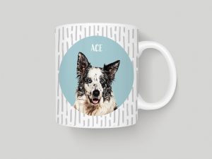 custom pet portrait mug showing a collie with a blue background