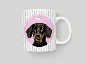 custom pet portrait mug showing a dachshund with a pink background