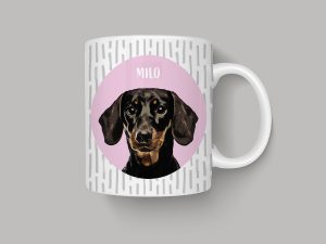 custom pet portrait mug showing a dachshund with a pink background