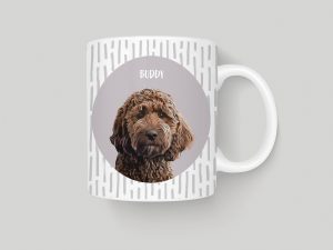 custom pet portrait mug showing a cockapoo with a grey background
