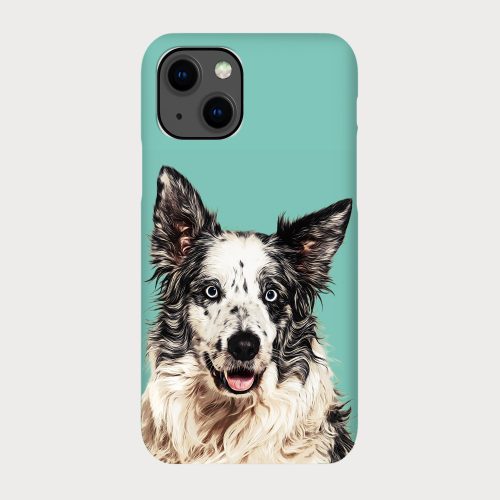 pet portrait iphone 15 case turquoise with collie dog